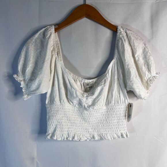 Billabong NWT White Smocked Waist Short Sleeve Vneck Crop Top Size Medium - Picture 10 of 10